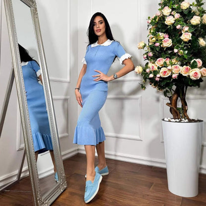 Women's Ruffled Classic Style Dress Summer Hepburn Tight Fishtail Sleeve Dresses