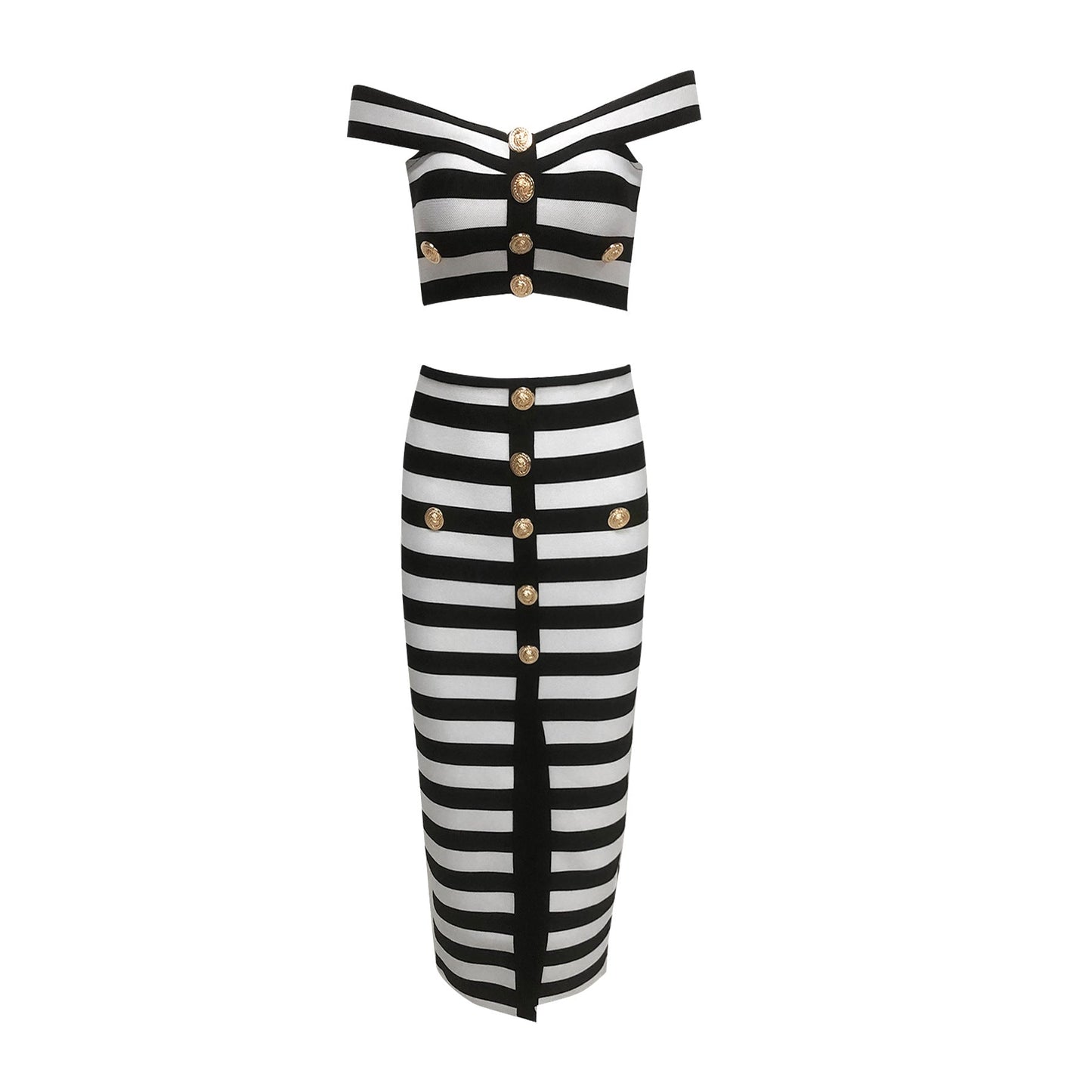 Women's Sexy Gold Buckle Black White Striped Dresses