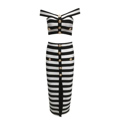 Women's Sexy Gold Buckle Black White Striped Dresses