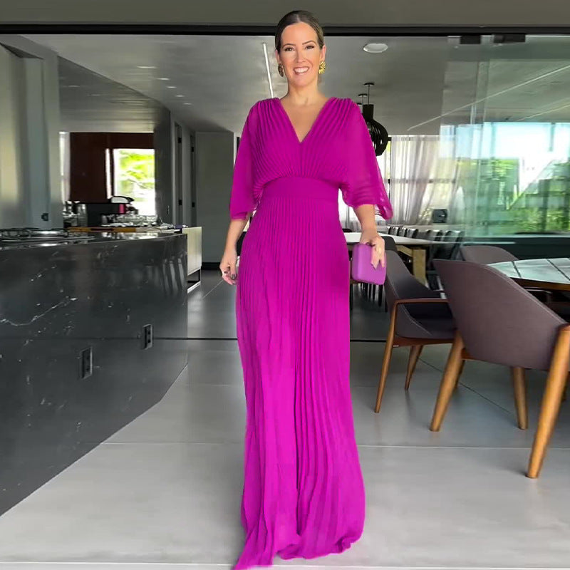 Women's Color Pleated Bat Sleeve High Waist Big Swing Long Dresses