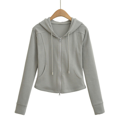 Autumn Fashion Simple Style Double Zipper Hooded Drawstring Tops