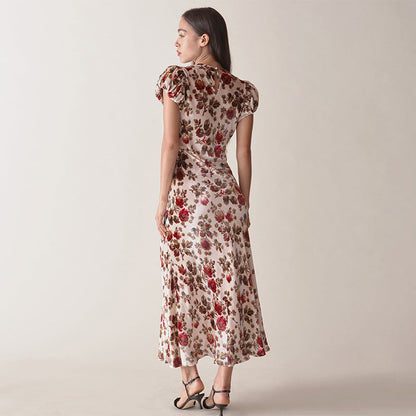High-grade Burnt Round Neck Sleeve Mid-length Dresses