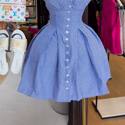 Women's Summer Fashion Elegant Blue Stripe Word Dresses