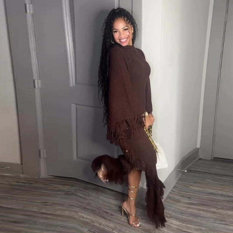 Women's Tassel Split Long Sleeve Slim Brown Dresses