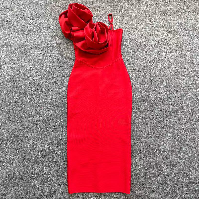 Red Flower Backless Slim Mid-length Bandage Dresses