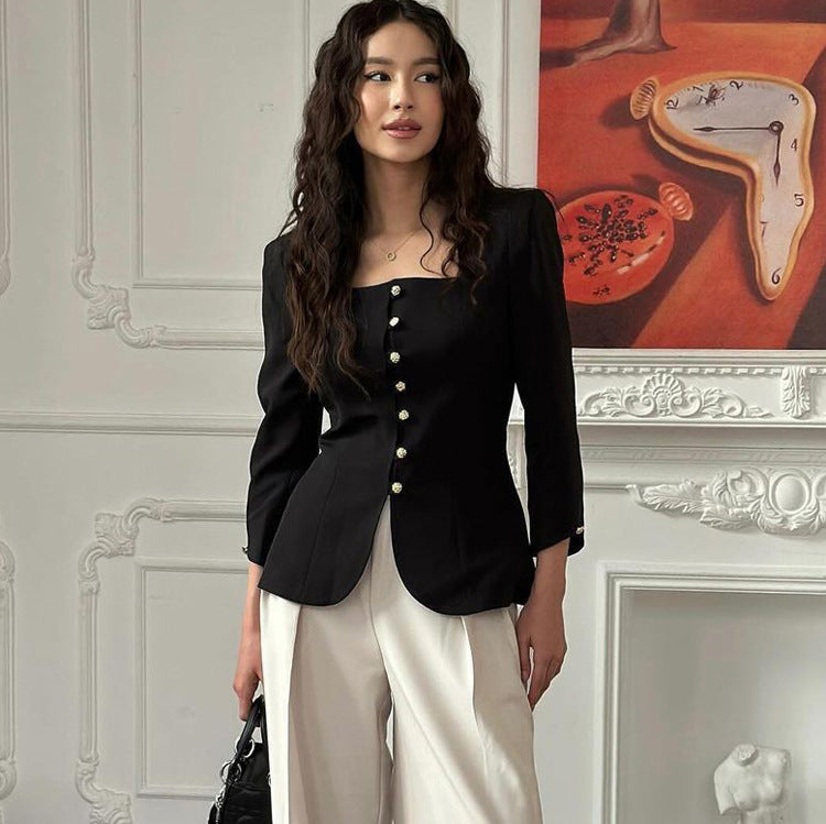 Style High-grade Square Collar Slimming Black Coats