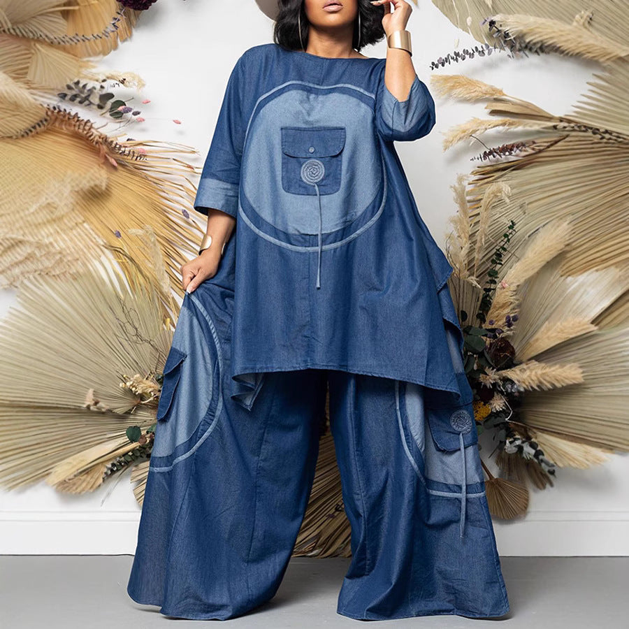 Three Large Organ Pocket Faux Denim Suits