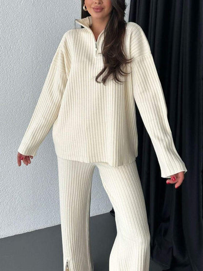 Women's Zipper Knitting High Neck Ribbing Home Suits