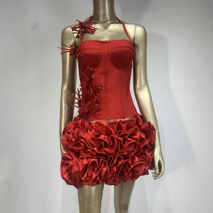 Classy Bandage Flower Two-piece Party Dress Skirts