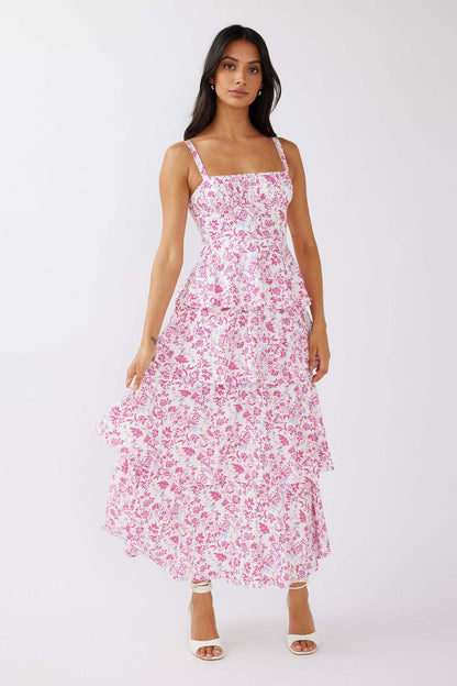 Women's Waist Trimming Spaghetti Straps Printed Long Dresses