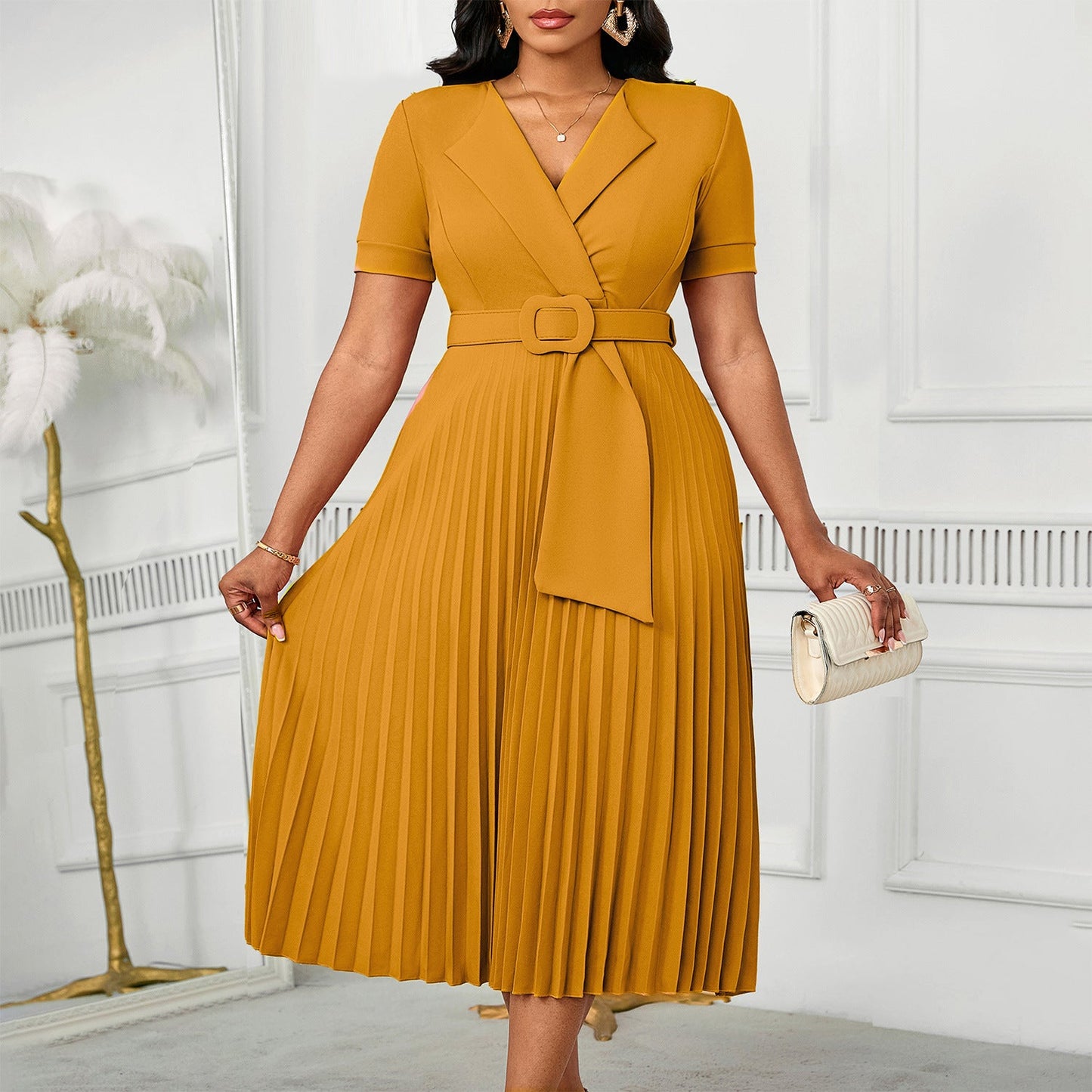 Sleeve Fashion Elegant Pleated High Waist Dresses