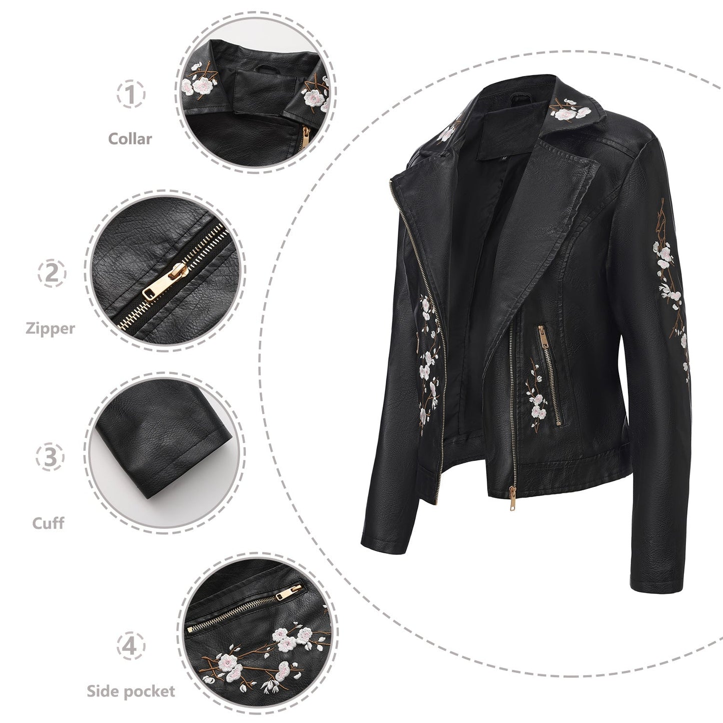 Women's Embroidered Leather Oblique Zipper Long Sleeve European Jackets