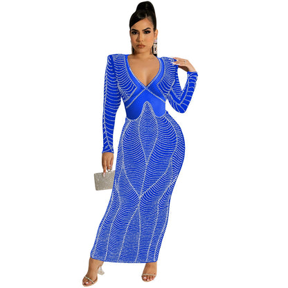Women's Sexy Nightclub Rhinestone Mesh Long Sleeve Dresses