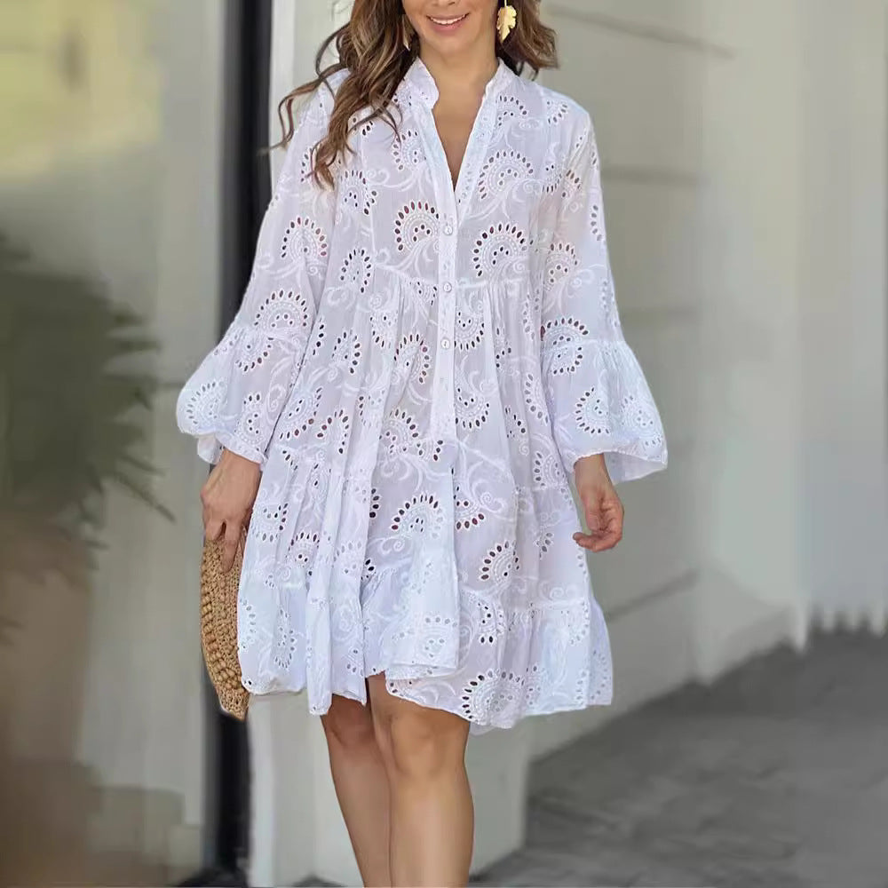 Solid Color Loose Embroidered Cutout Lace Dresses