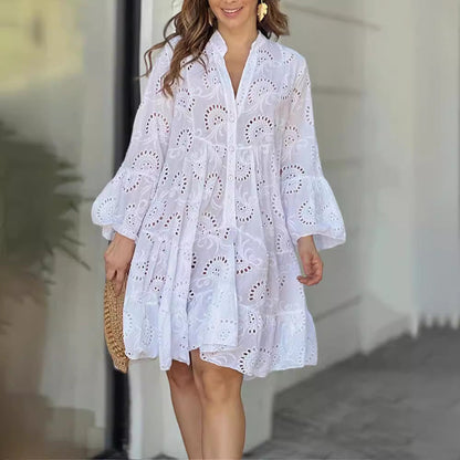 Solid Color Loose Embroidered Cutout Lace Dresses