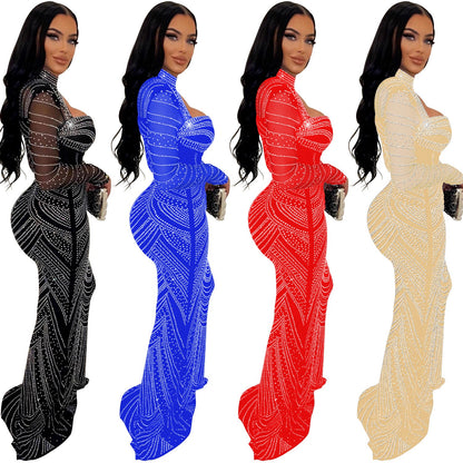 Women's Wear Solid Color Rhinestone Mesh Long Dresses