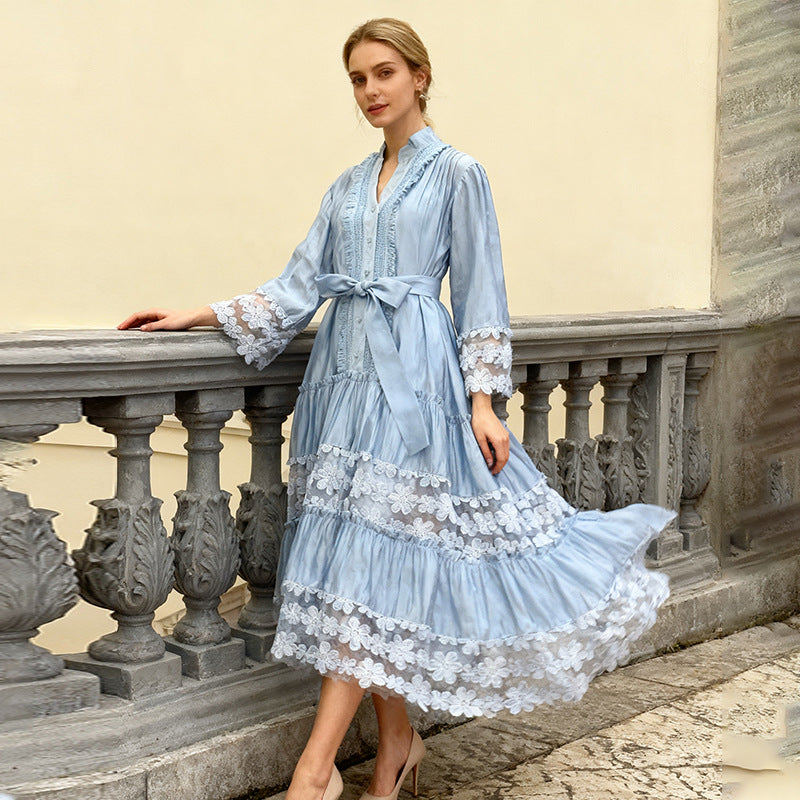 Women's Lace Embroidery Stitching Ruffled Long Dress Dresses