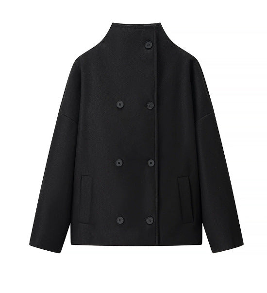 Women's Double-breasted Solid Color Woolen Fabric Lapel Coats
