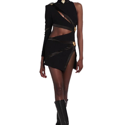 Women's Sexy Cutout Single Long Sleeve Scarf Collar Dresses
