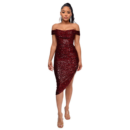 Women's French Style Pleated Sequined Split Elegant Dresses
