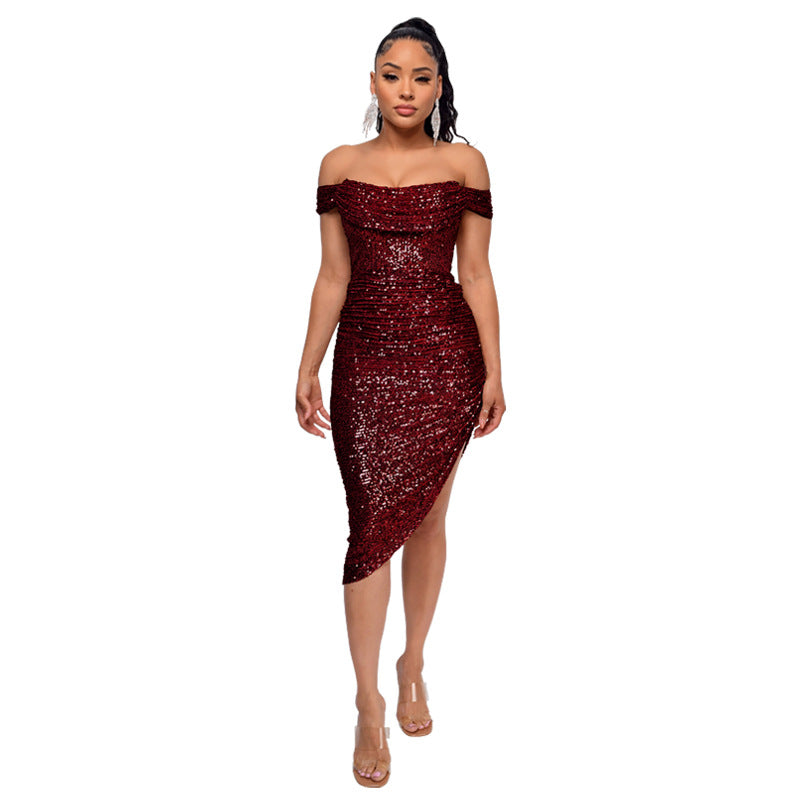Women's Split Draped Dress Summer Sequined Backless Dresses