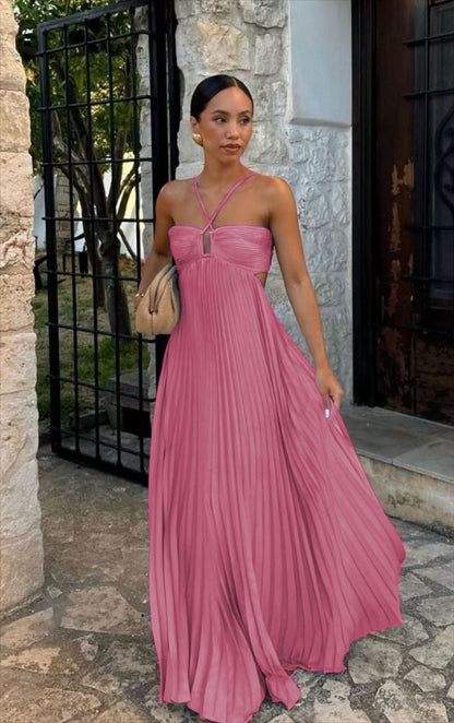 Summer Pure Color Pleated Sleeveless Suspender Dresses
