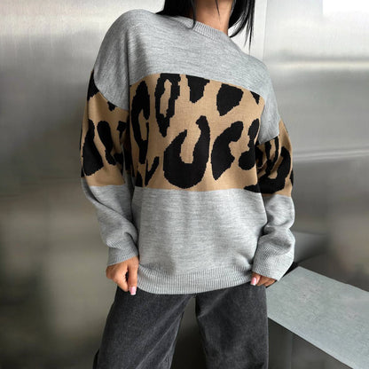 Women's Contrast Color Fashionable Loose Round Neck Idle Style Early Sweaters