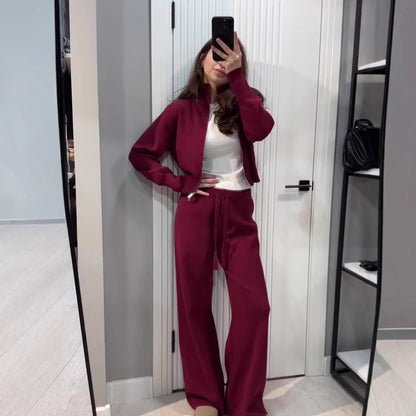 Women's Solid Color Slim Fit Knitted Trousers Suits