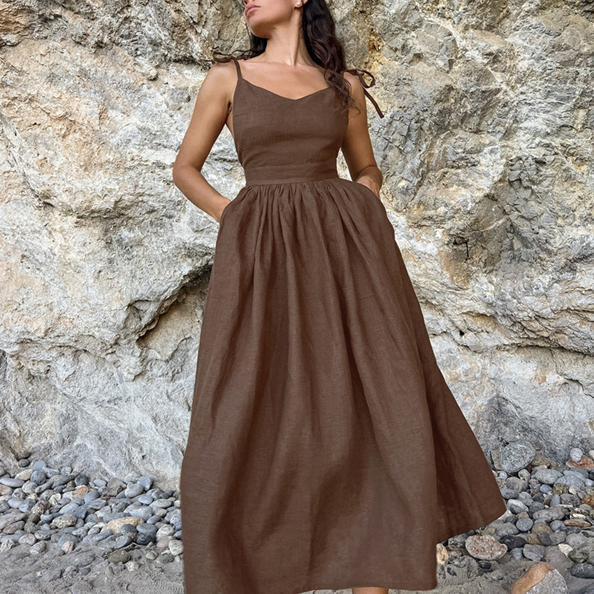 Women's Khaki Cotton Linen Sleeveless Holiday Mid-length Tied Clothing