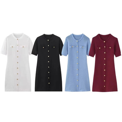 Women's Knitted Short-sleeved Button Wool Dress Dresses