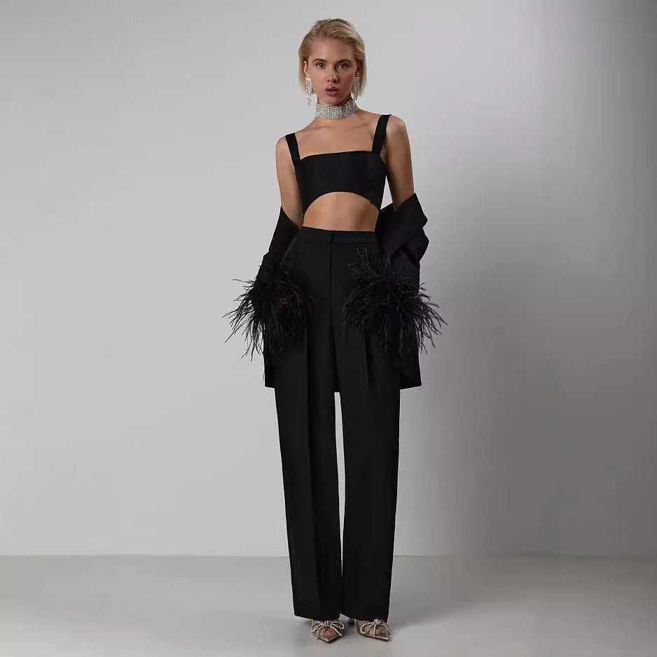 Lapel Slimming Niche Black Casual Rhinestone Furry Trousers Suits