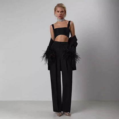 Lapel Slimming Niche Black Casual Rhinestone Furry Trousers Suits