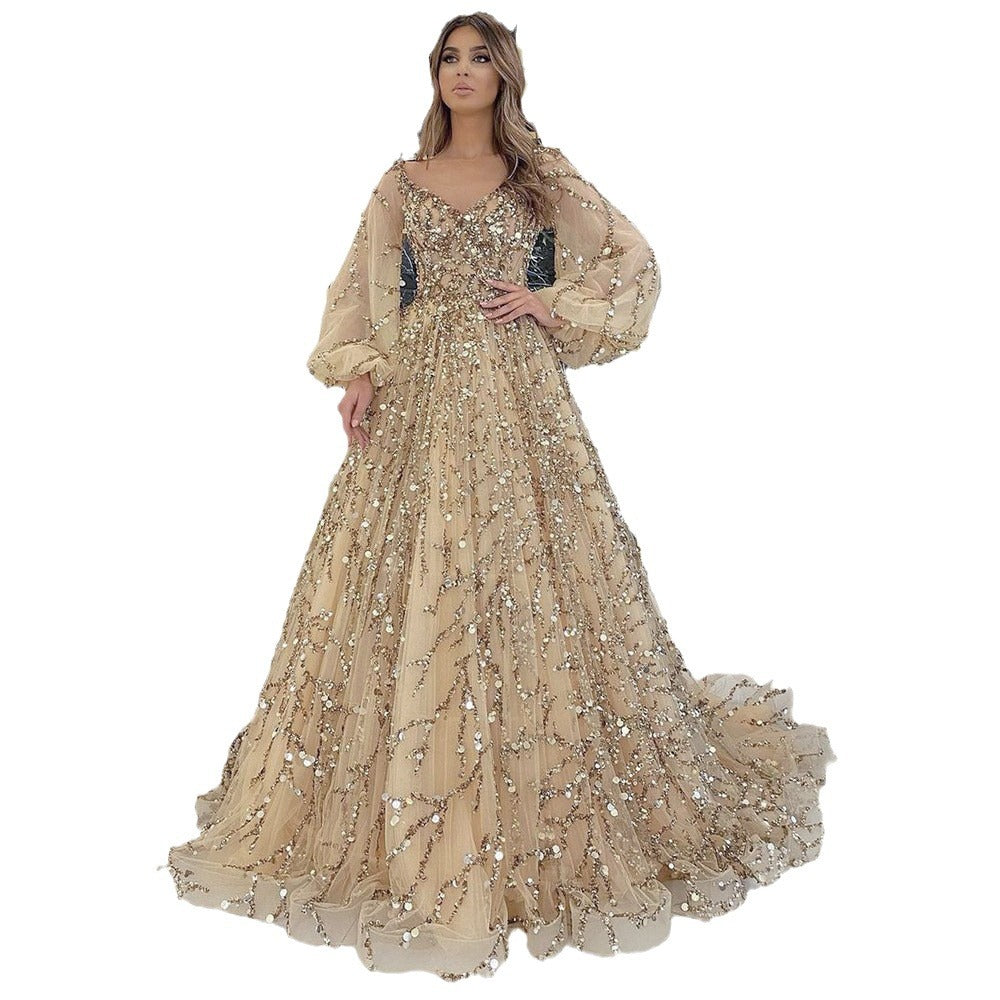 Gold Beaded Luxury Dress Sexy Aura Evening Dresses