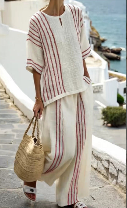 Women's Round Neck Striped Sleeve Cotton Linen Suits