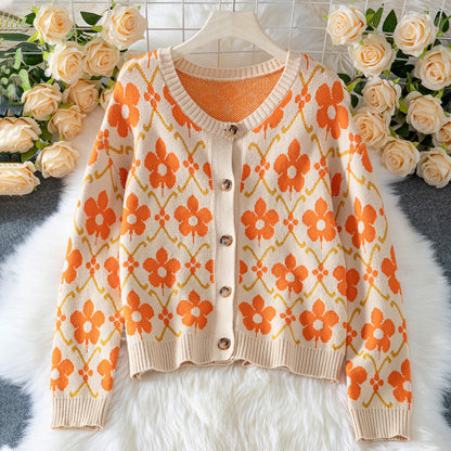 Women's Flower Jacquard Elegant Button Long Sleeve Cardigans