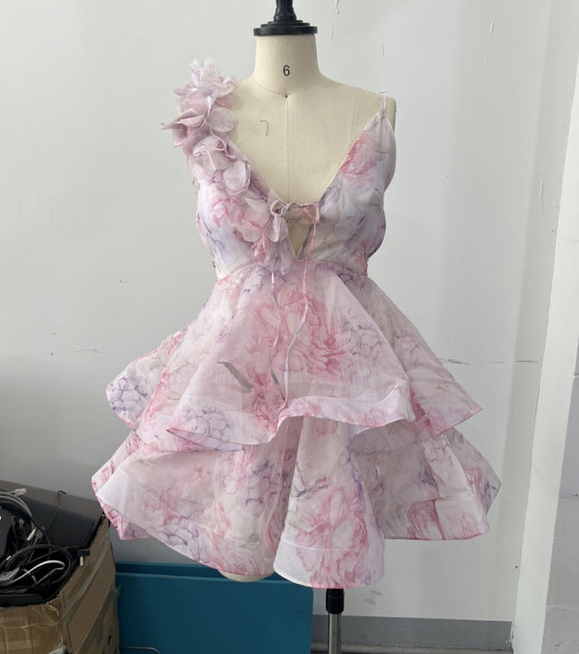 Women's Sweet Elegance Printed Backless Lace Up Dresses
