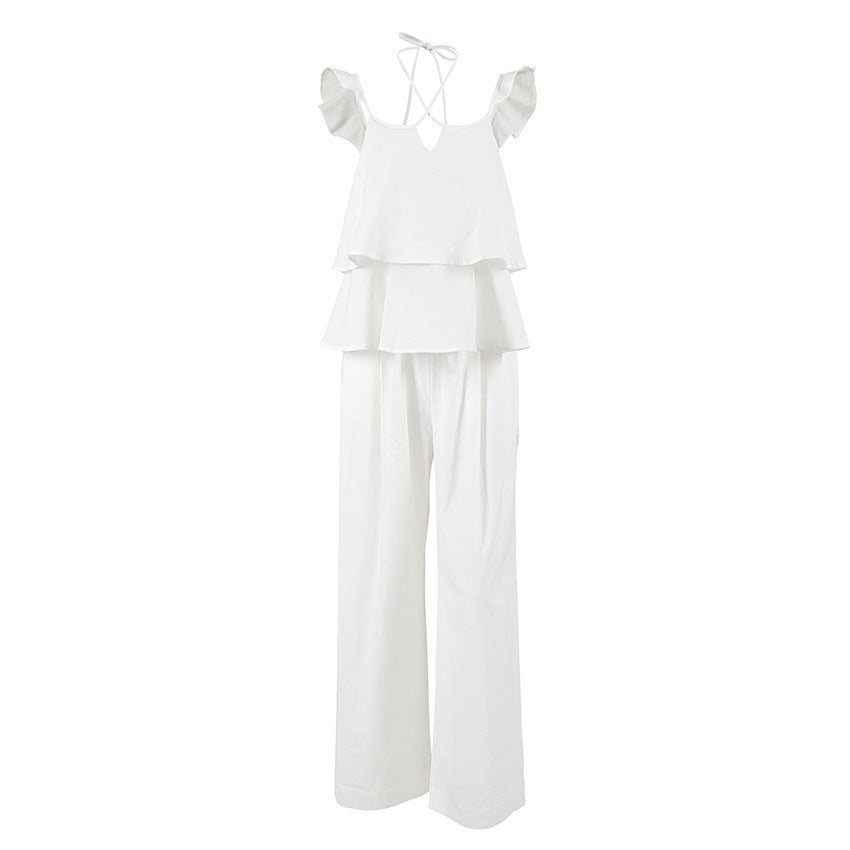 Women's Linen Sexy Flying Sleeves Backless High Waist Loose Suits