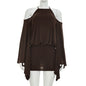 Women Clothing Summer Solid Color Casual Halter Large Bell Sleeve Backless Sheath Short Dress
