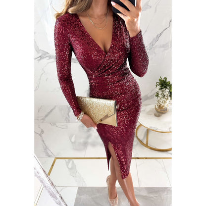 Sequined Split Long Sleeve Dress Casual Dresses