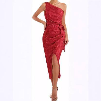 Women's Shoulder Sequins Dress Shiny Glitter Slim Dresses