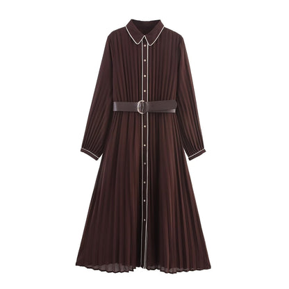 Autumn Fashion Simple With Belt Pleated Lapel Dresses