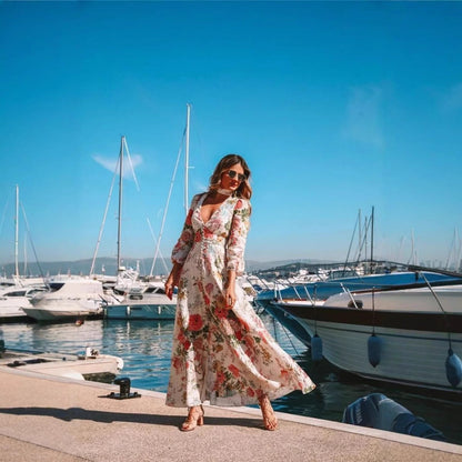 Romantic Floral Print Deep Long Sleeve Big Hem Dresses