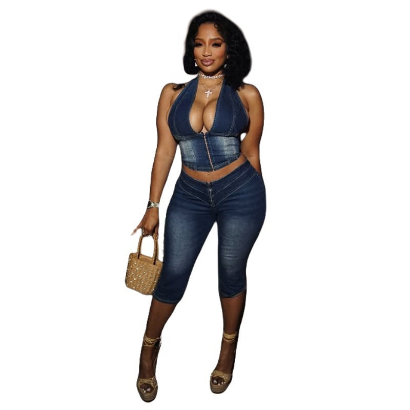 Women's Tube Halter Denim Cropped Stretch Fashion Suits