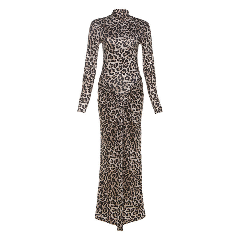 Women's Neck Leopard Print Dress Temperament Long Dresses