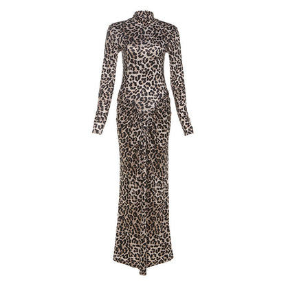 Women's Neck Leopard Print Dress Temperament Long Dresses