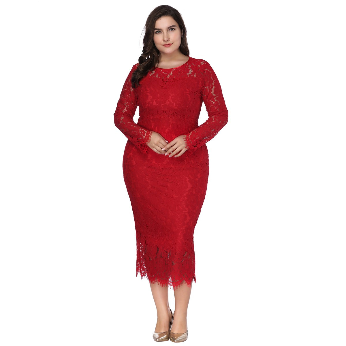 Women's Long Sleeve Lace Slim Dress Plus Size