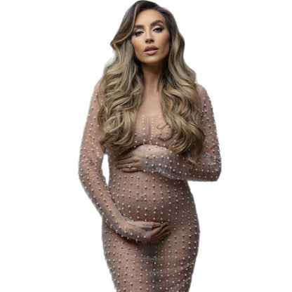 Fashion Sexy Beaded Rhinestone Mesh Long Dresses