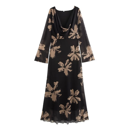 Women's French Retro Swing Collar Printed Mesh Dresses