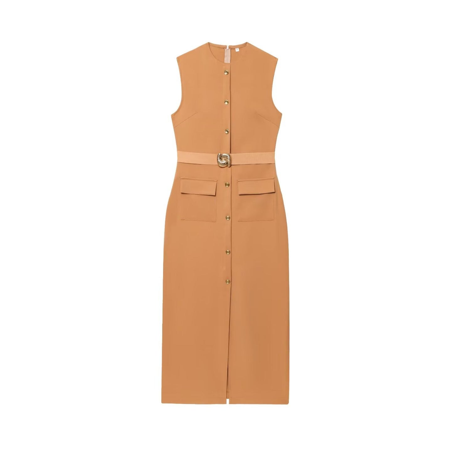 Women's Belt Sleeveless Round Neck Midi Dress Dresses