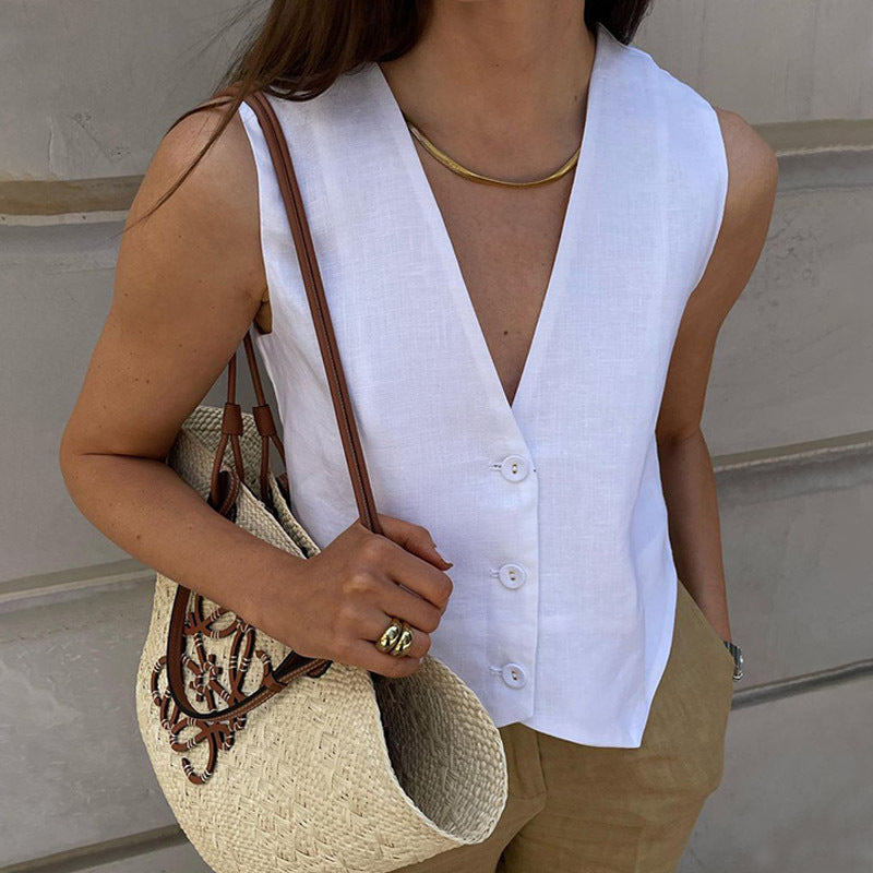 Women's Linen Sleeveless Waistcoat Trousers Two-piece Set Suits